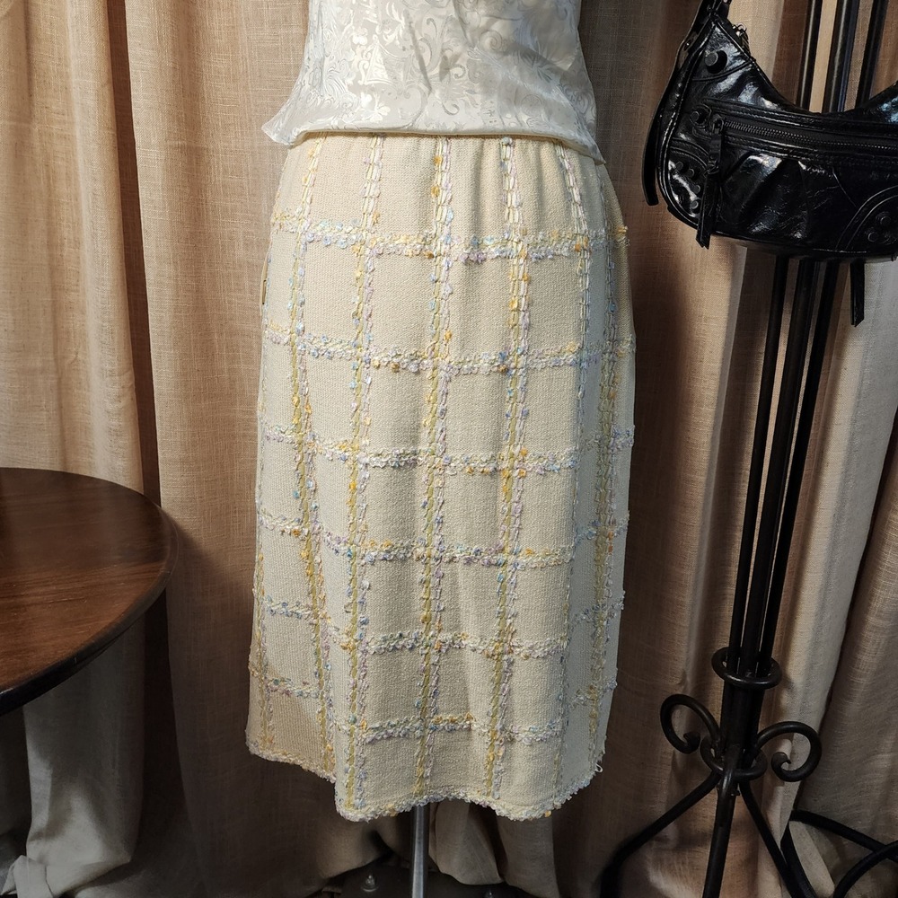 Alnoral Vintage Wool Blend Knit Skirt L Cream Pastel Plaid Handloomed USA‎ NWT